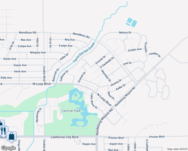 map of restaurants, bars, coffee shops, grocery stores, and more near 21620 Garibaldi Court in California City