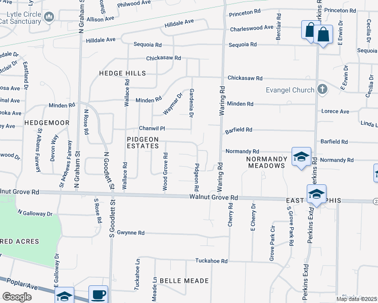 map of restaurants, bars, coffee shops, grocery stores, and more near 4292 Hathaway Lane in Memphis