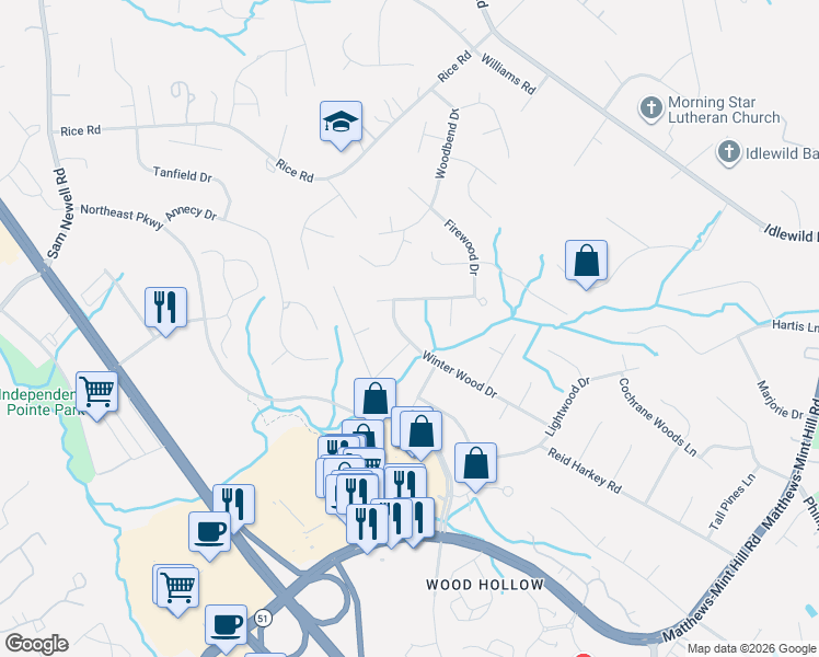 map of restaurants, bars, coffee shops, grocery stores, and more near 701 Winter Wood Drive in Matthews