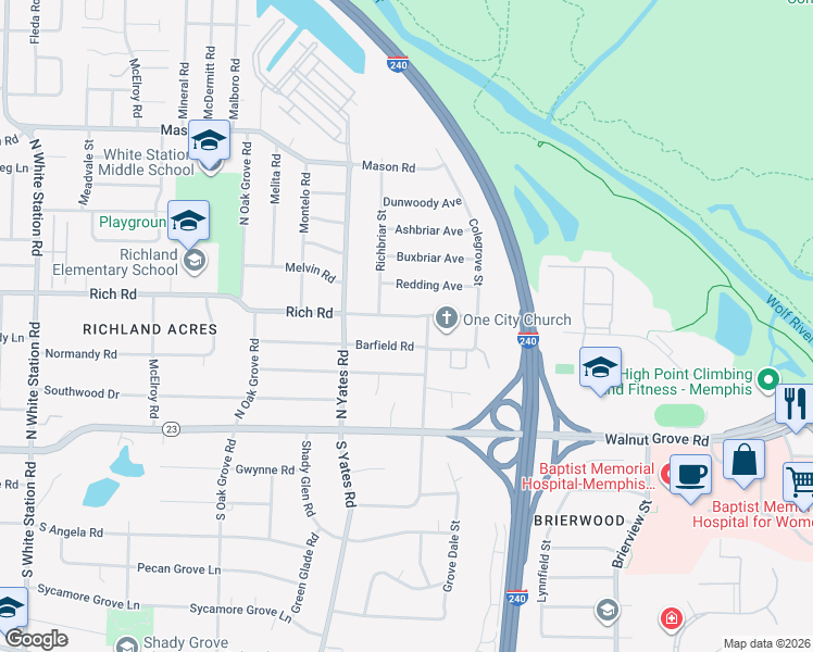 map of restaurants, bars, coffee shops, grocery stores, and more near 5681 Rich Road in Memphis