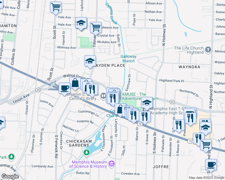 map of restaurants, bars, coffee shops, grocery stores, and more near 3080 Walnut Grove Road in Memphis