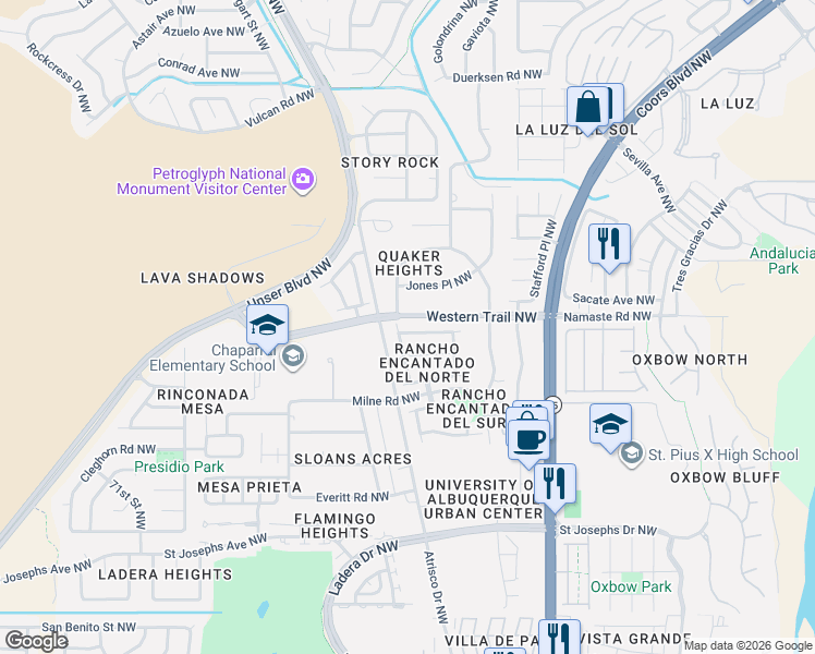 map of restaurants, bars, coffee shops, grocery stores, and more near 5947 Los Riscos Road Northwest in Albuquerque
