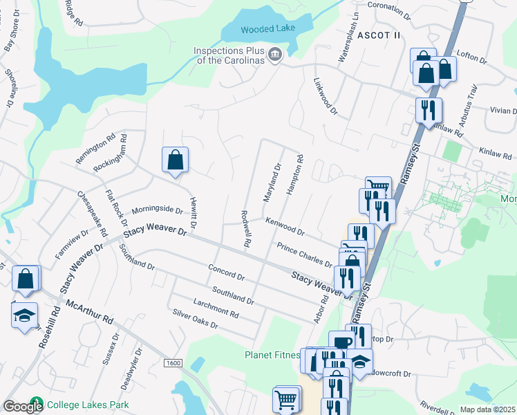 map of restaurants, bars, coffee shops, grocery stores, and more near 5305 Maryland Drive in Fayetteville