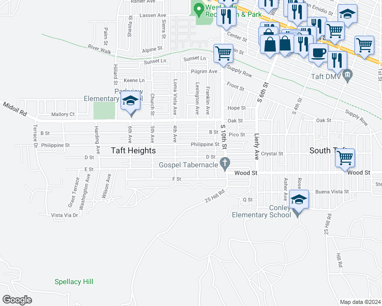 map of restaurants, bars, coffee shops, grocery stores, and more near 308 D Street in Taft