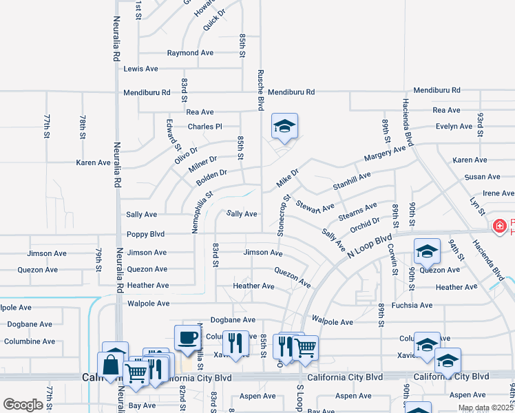 map of restaurants, bars, coffee shops, grocery stores, and more near Rusche Boulevard in California City