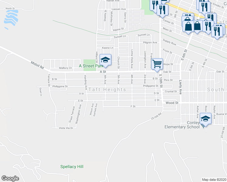 map of restaurants, bars, coffee shops, grocery stores, and more near 512 D Street in Taft