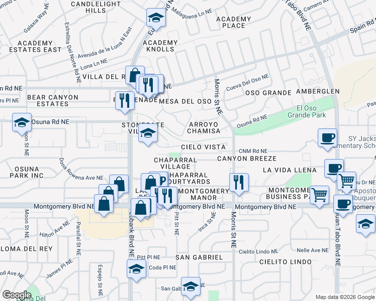 map of restaurants, bars, coffee shops, grocery stores, and more near 4654 Inca Street Northeast in Albuquerque