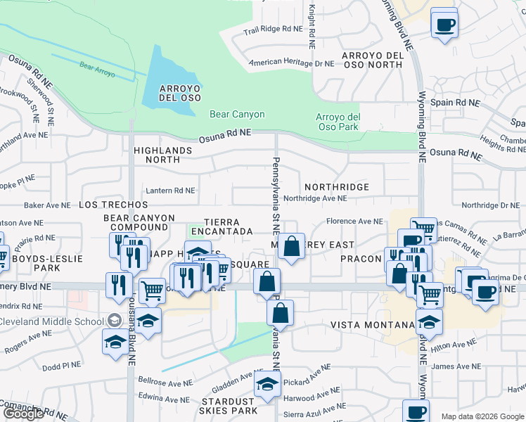 map of restaurants, bars, coffee shops, grocery stores, and more near 7548 Northridge Avenue Northeast in Albuquerque