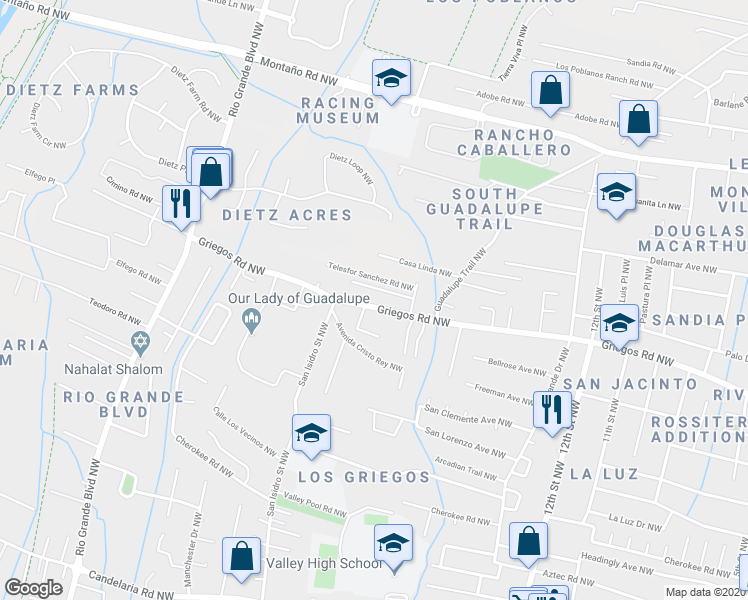 map of restaurants, bars, coffee shops, grocery stores, and more near 1724 Patrick Place Northwest in Albuquerque