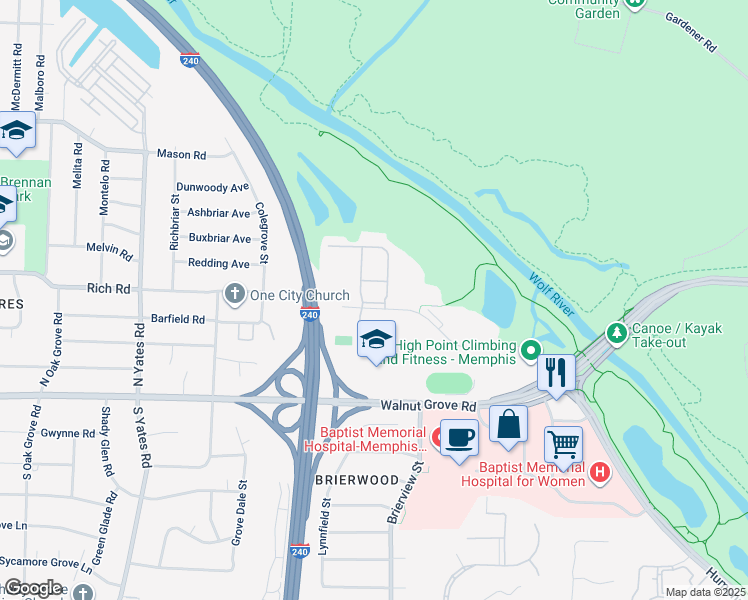 map of restaurants, bars, coffee shops, grocery stores, and more near 330 North Humphreys Boulevard in Memphis