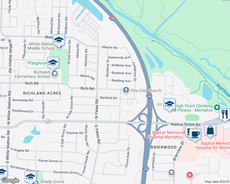 map of restaurants, bars, coffee shops, grocery stores, and more near 5681 Rich Road in Memphis