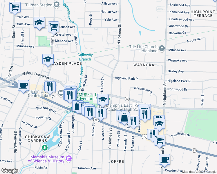 map of restaurants, bars, coffee shops, grocery stores, and more near 93 North Holmes Street in Memphis