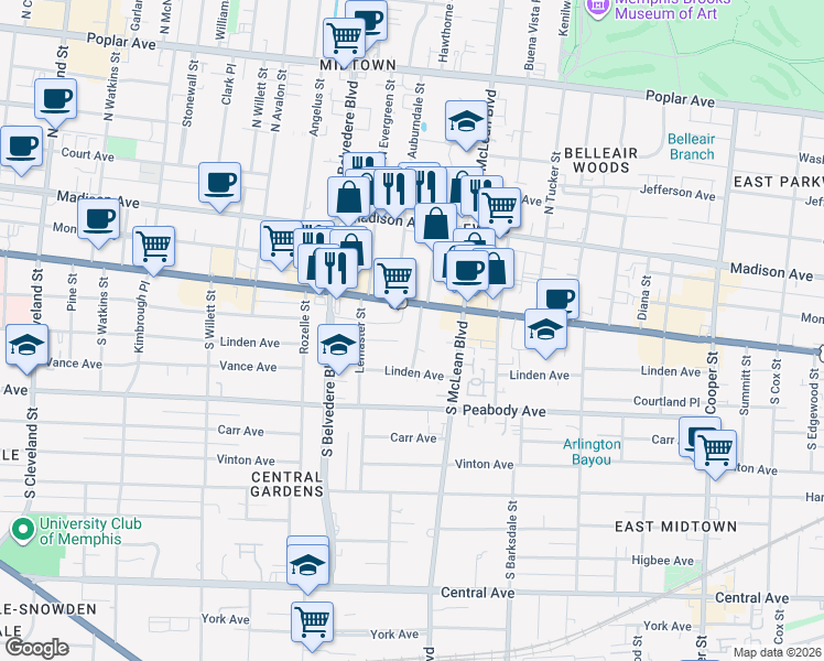 map of restaurants, bars, coffee shops, grocery stores, and more near 182 South Idlewild Street in Memphis
