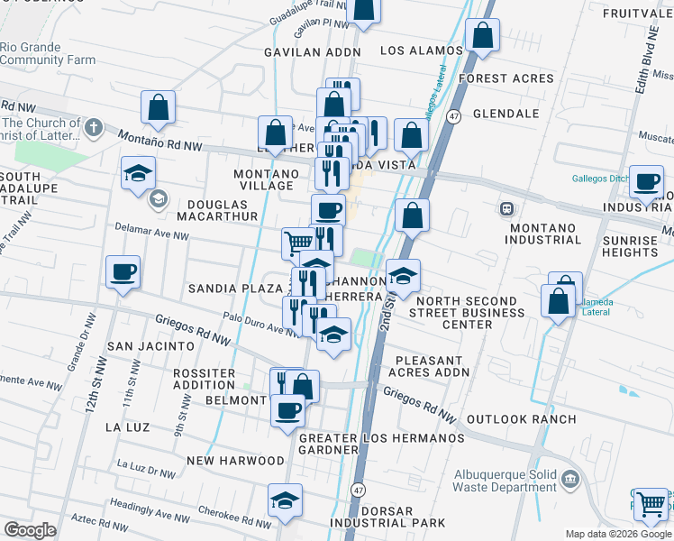 map of restaurants, bars, coffee shops, grocery stores, and more near in Albuquerque