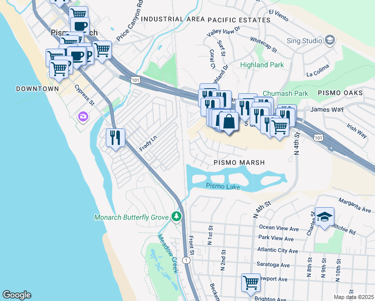 map of restaurants, bars, coffee shops, grocery stores, and more near 153 A Avenue in Pismo Beach