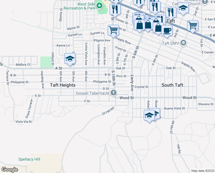 map of restaurants, bars, coffee shops, grocery stores, and more near 305 2nd Avenue in Taft