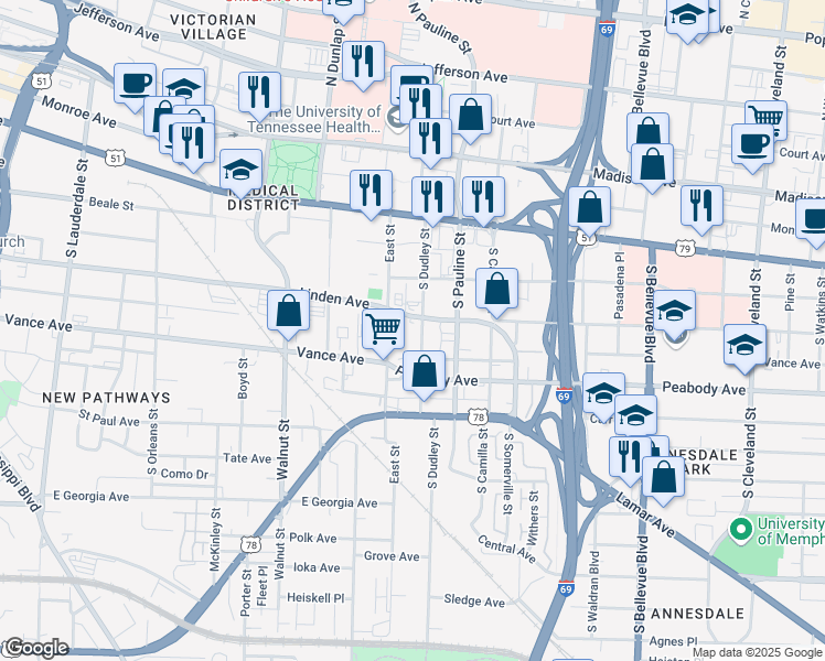map of restaurants, bars, coffee shops, grocery stores, and more near 939 Linden Avenue in Memphis