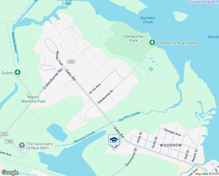 map of restaurants, bars, coffee shops, grocery stores, and more near 206 Glenburnie Drive in New Bern