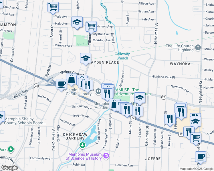 map of restaurants, bars, coffee shops, grocery stores, and more near 3080 Walnut Grove Road in Memphis