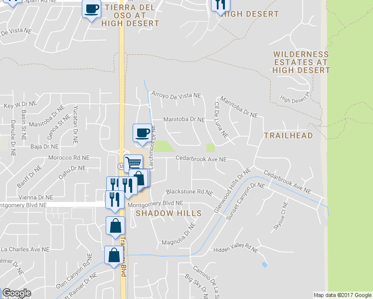 map of restaurants, bars, coffee shops, grocery stores, and more near 13008 Cll De Sandias Northeast in Albuquerque