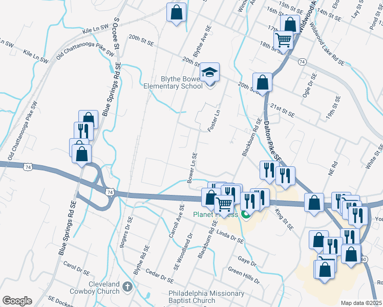 map of restaurants, bars, coffee shops, grocery stores, and more near 2214 Bower Lane Southeast in Cleveland