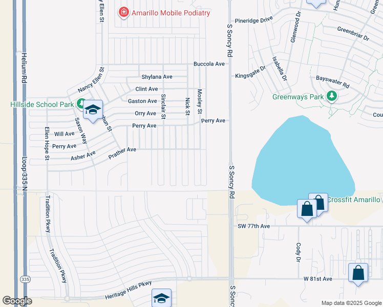 map of restaurants, bars, coffee shops, grocery stores, and more near 7203 Nick Street in Amarillo