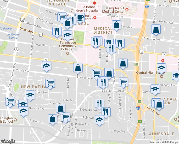 map of restaurants, bars, coffee shops, grocery stores, and more near 298 South Dunlap Street in Memphis