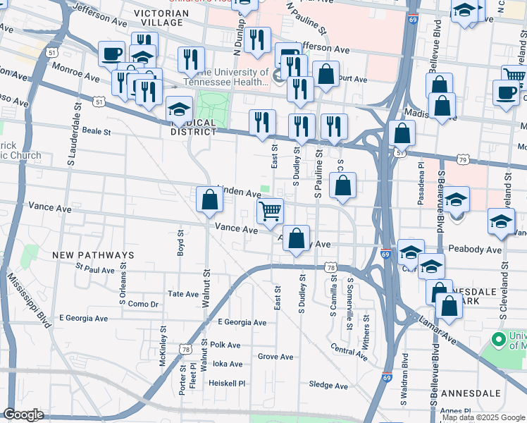 map of restaurants, bars, coffee shops, grocery stores, and more near 910 Vance Avenue in Memphis