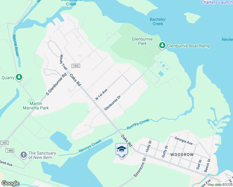 map of restaurants, bars, coffee shops, grocery stores, and more near 206 Glenburnie Drive in New Bern