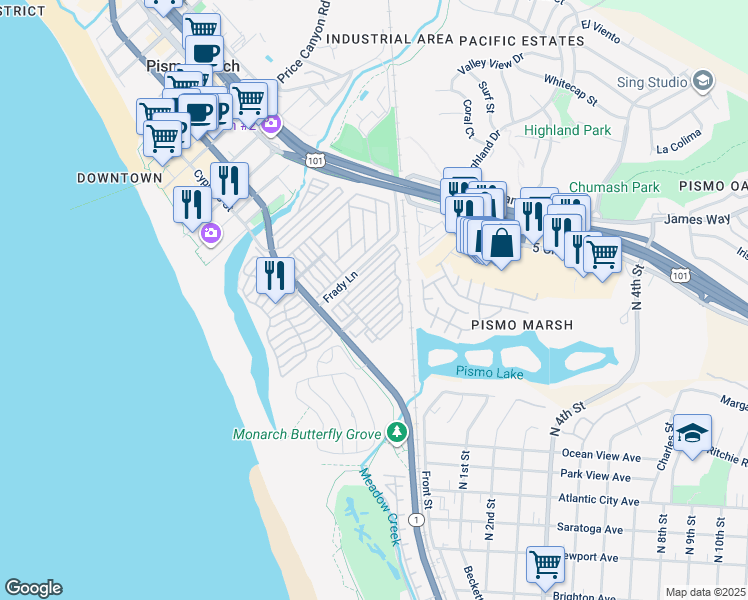 map of restaurants, bars, coffee shops, grocery stores, and more near 200 South Dolliver Street in Pismo Beach