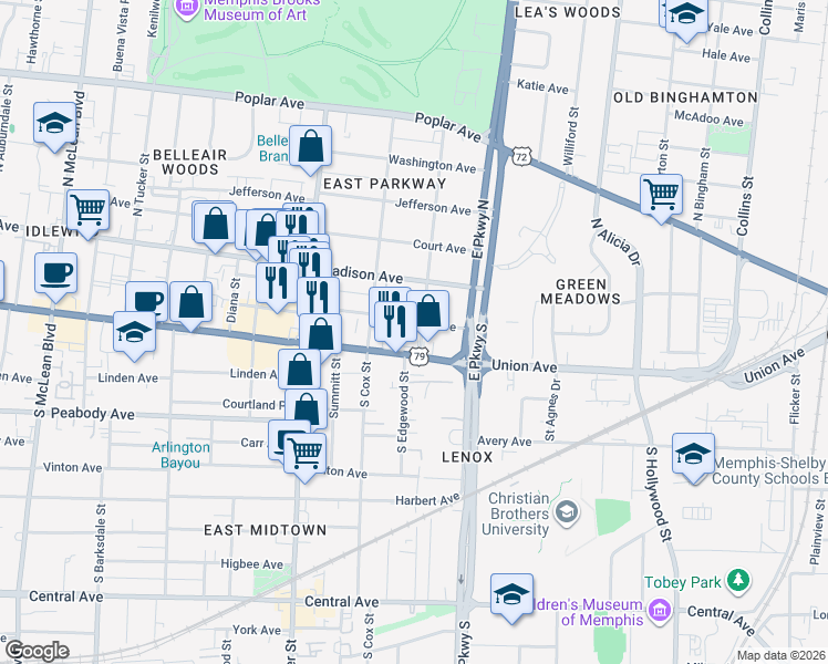 map of restaurants, bars, coffee shops, grocery stores, and more near 2257 Monroe Avenue in Memphis