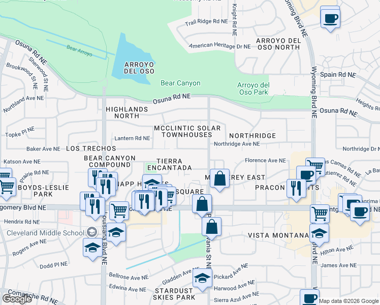 map of restaurants, bars, coffee shops, grocery stores, and more near 7440 Northridge Ave NE in Albuquerque