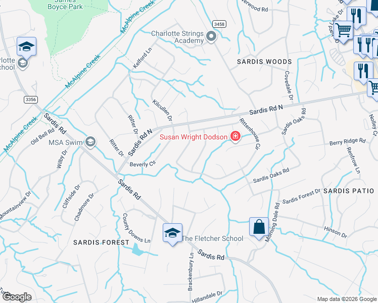 map of restaurants, bars, coffee shops, grocery stores, and more near 8201 Rittenhouse Circle in Charlotte