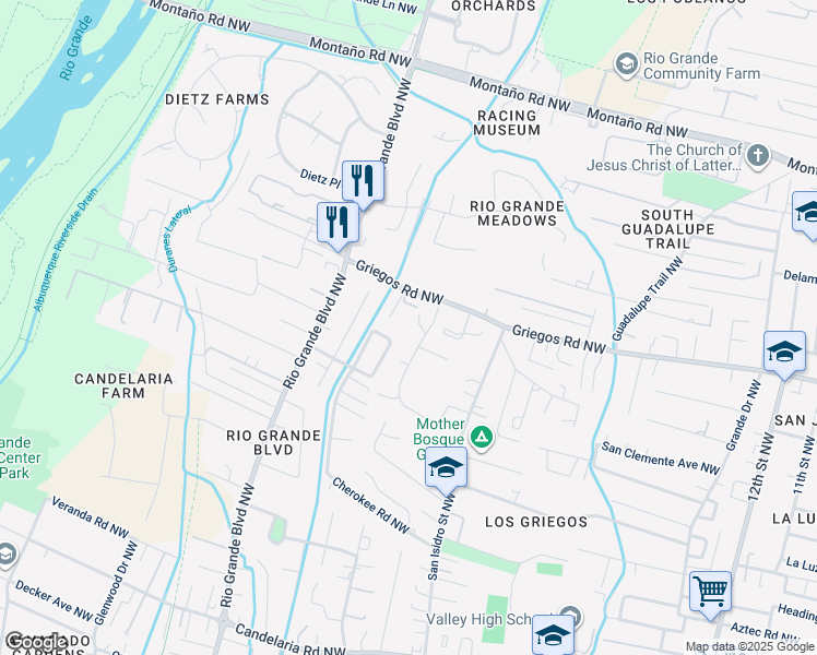map of restaurants, bars, coffee shops, grocery stores, and more near 1918 San Martin Place Northwest in Albuquerque