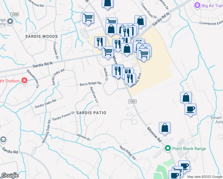 map of restaurants, bars, coffee shops, grocery stores, and more near 9131 Nolley Court in Charlotte