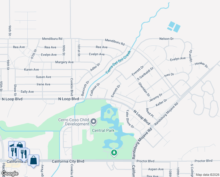 map of restaurants, bars, coffee shops, grocery stores, and more near Darrow Drive in California City