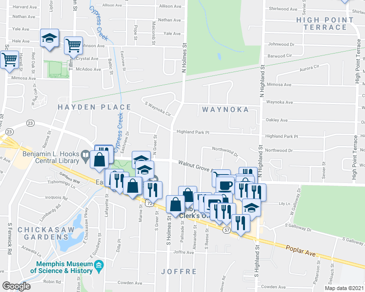 map of restaurants, bars, coffee shops, grocery stores, and more near 99 North Century Street in Memphis