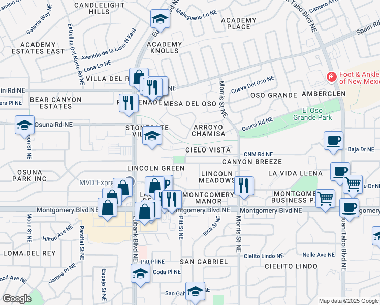 map of restaurants, bars, coffee shops, grocery stores, and more near 4654 Inca Street Northeast in Albuquerque