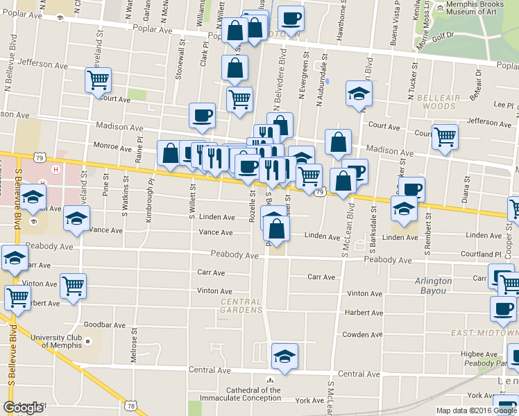 map of restaurants, bars, coffee shops, grocery stores, and more near 195 South Belvedere Boulevard in Memphis