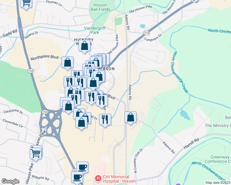 map of restaurants, bars, coffee shops, grocery stores, and more near 2143 Northpoint Boulevard in Chattanooga