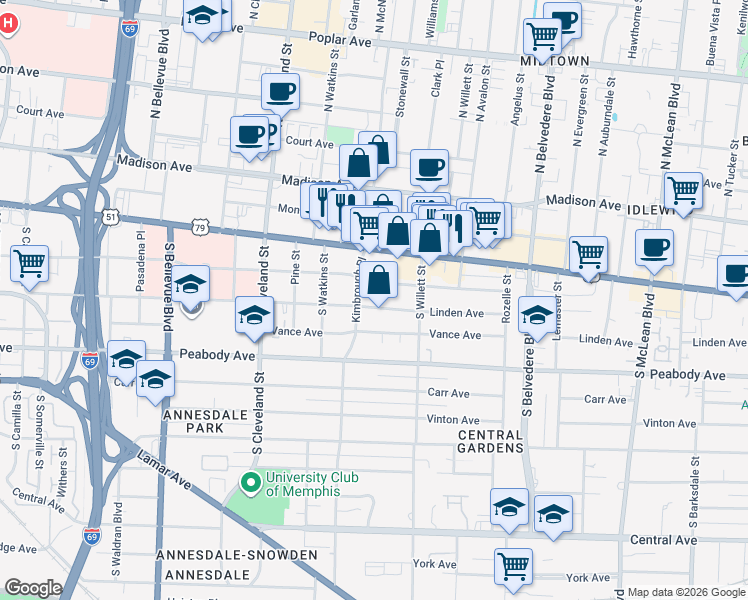 map of restaurants, bars, coffee shops, grocery stores, and more near 1484 Linden Ave in Memphis