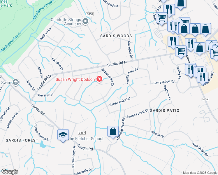 map of restaurants, bars, coffee shops, grocery stores, and more near 8802 Rittenhouse Circle in Charlotte