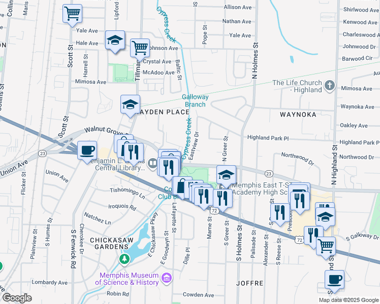 map of restaurants, bars, coffee shops, grocery stores, and more near 88 Eastview Cove in Memphis