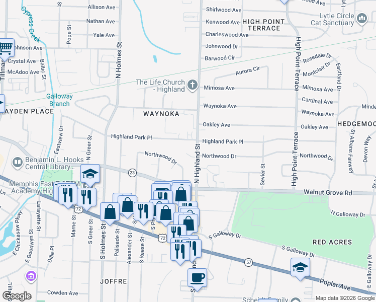 map of restaurants, bars, coffee shops, grocery stores, and more near 3472 Highland Cove in Memphis