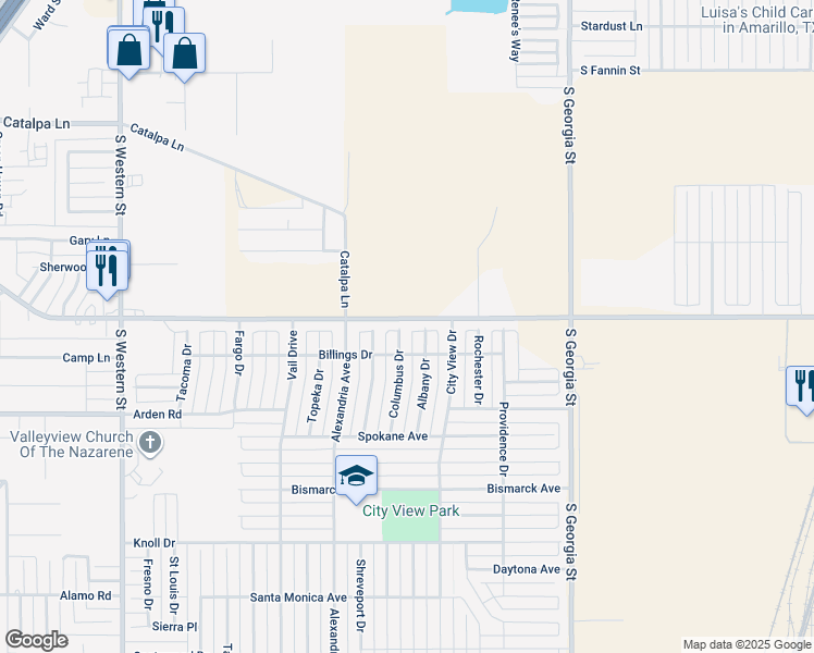 map of restaurants, bars, coffee shops, grocery stores, and more near 7301 Columbus in Amarillo