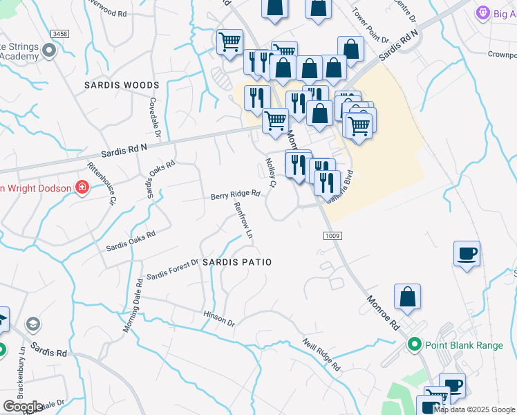 map of restaurants, bars, coffee shops, grocery stores, and more near 9012 Nolley Court in Charlotte