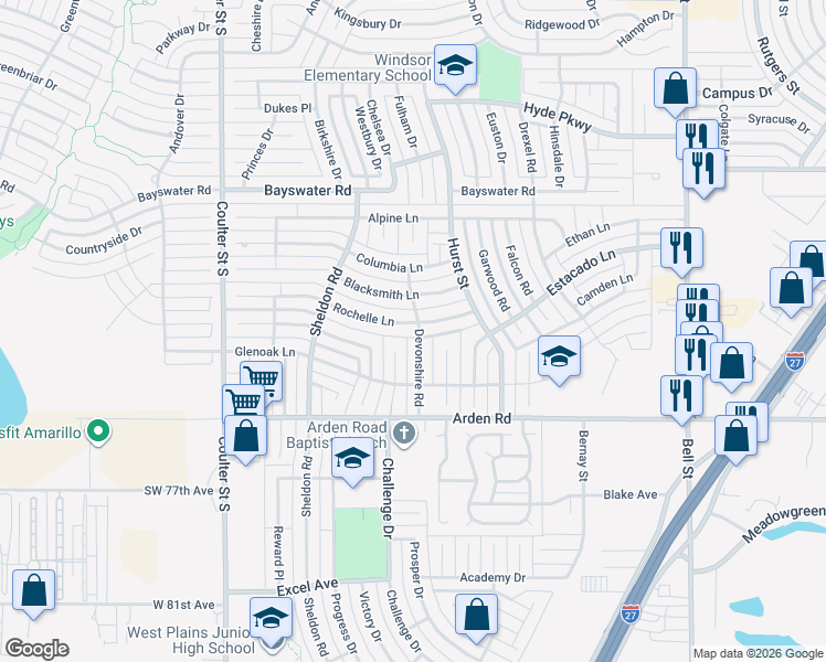 map of restaurants, bars, coffee shops, grocery stores, and more near 6805 Rochelle Lane in Amarillo