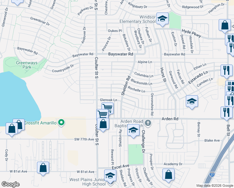 map of restaurants, bars, coffee shops, grocery stores, and more near 7007 Windridge Place in Amarillo