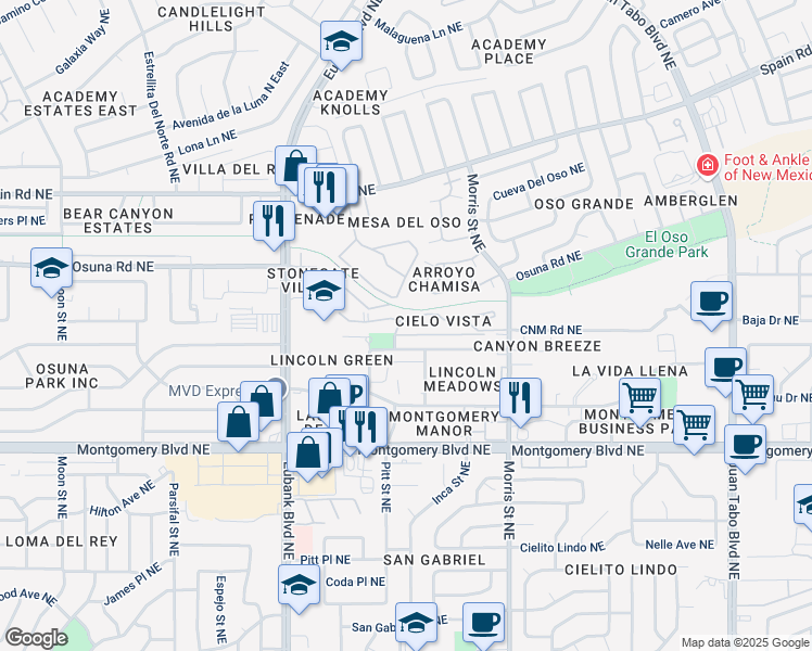 map of restaurants, bars, coffee shops, grocery stores, and more near 4654 Inca Street Northeast in Albuquerque