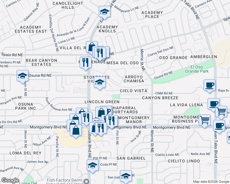 map of restaurants, bars, coffee shops, grocery stores, and more near in Albuquerque
